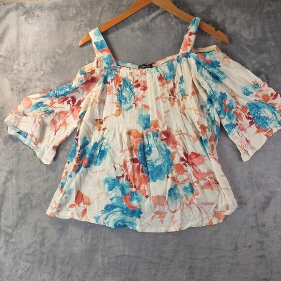 Cocomo Cold Shoulder Floral Top 4th of July Art to Wear Gauzy Boho Summercore - Picture 1 of 8